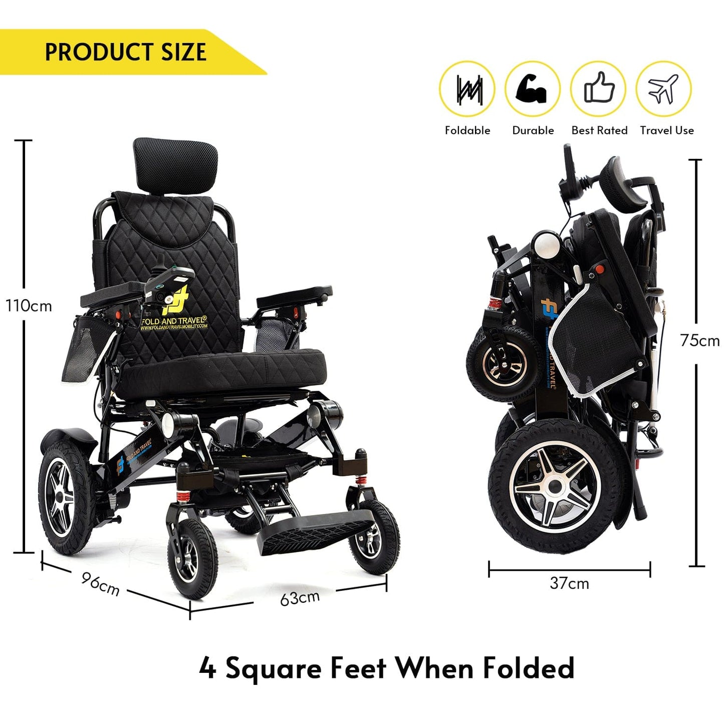 Fold and Travel Electric Wheelchair Fold And Travel Manual Recline Foldable Electric Wheelchair Travel Ready Portable Power Chair Travel Companion for Seniors and Adults ( Black Frame)