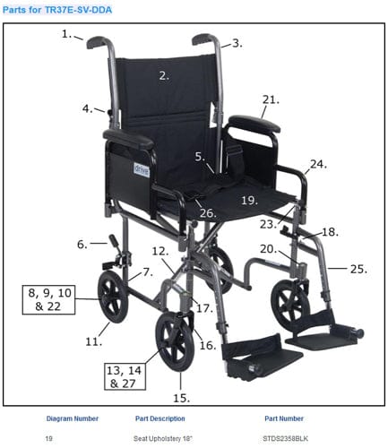 Complete Medical Wheelchairs & Accessories Seat Upholstery only for Drive Transport Chair 18"x16" Black