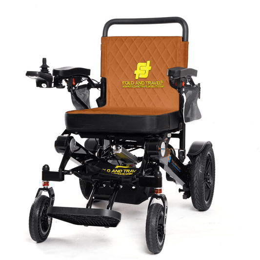 Fold and Travel Electric Wheelchair Black Frame, Brown Seat Premium Auto Folding Electric Wheelchair Fold And Travel Mobility Scooter Wheel Chair Powered Automated For Adults and Seniors