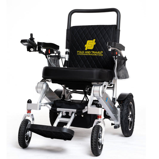 Fold and Travel Electric Wheelchair Silver Frame, Black Seat Premium Lightweight Folding Electric Wheelchair Fold And Travel Powered Mobility Scooter Automated Wheel Chair For Adults and Seniors