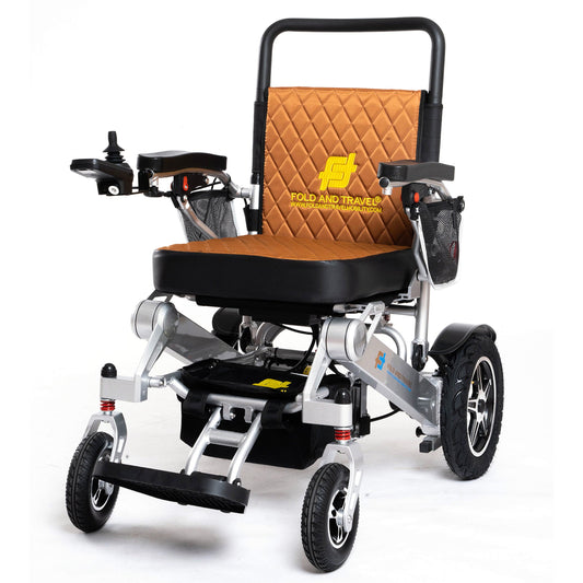 Fold and Travel Electric Wheelchair Silver Frame, Brown Seat Premium Lightweight Folding Electric Wheelchair Fold And Travel Powered Mobility Scooter Automated Wheel Chair For Adults and Seniors
