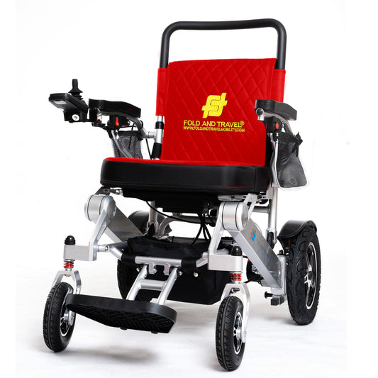Fold and Travel Electric Wheelchair Silver Frame, Red Seat Premium Lightweight Folding Electric Wheelchair Fold And Travel Powered Mobility Scooter Automated Wheel Chair For Adults and Seniors