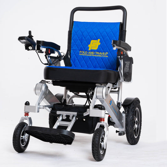 Fold and Travel Electric Wheelchair Silver Frame, Blue Seat Premium Lightweight Folding Electric Wheelchair Fold And Travel Powered Mobility Scooter Automated Wheel Chair For Adults and Seniors