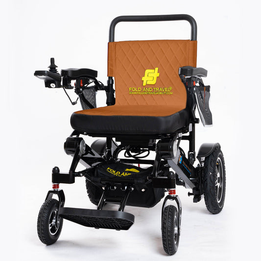 Fold and Travel Electric Wheelchair Black Frame, Brown Seat Premium Lightweight Folding Electric Wheelchair Fold And Travel Powered Mobility Scooter Automated Wheel Chair For Adults and Seniors