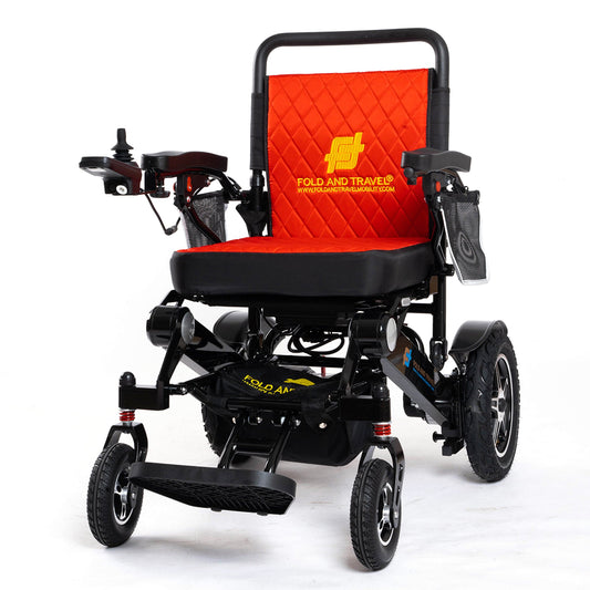 Fold and Travel Electric Wheelchair Black Frame, Red Seat Premium Lightweight Folding Electric Wheelchair Fold And Travel Powered Mobility Scooter Automated Wheel Chair For Adults and Seniors