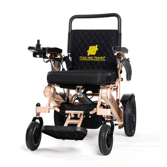 Fold and Travel Electric Wheelchair Black Fold And Travel Auto Fold Remote Control Lightweight Portable Electric Power Wheelchair - Gold Frame