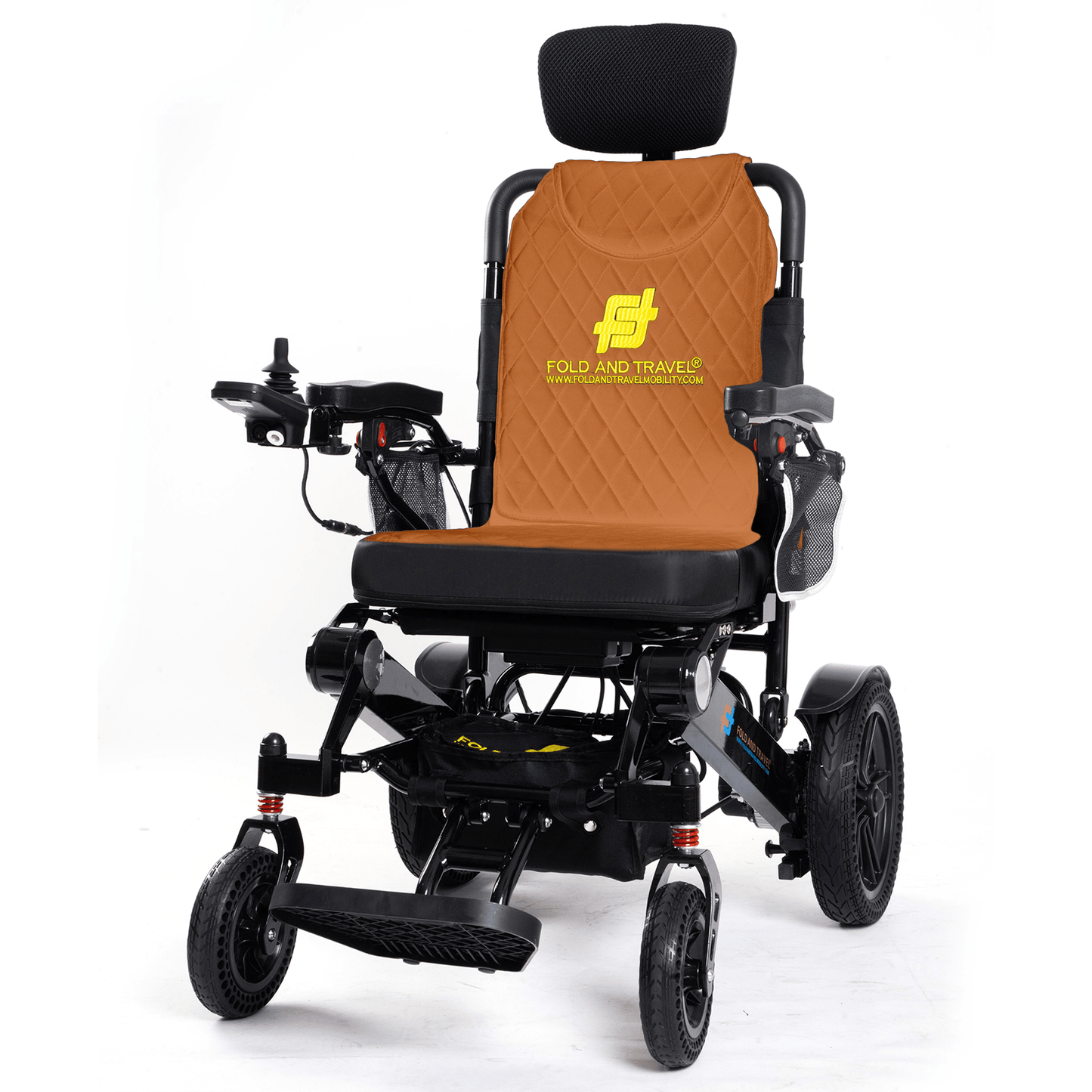 Fold and Travel Electric Wheelchair 1 Battery 15+ Miles Range / Brown Seat Fold And Travel Manual Recline Foldable Electric Wheelchair Travel Ready Portable Power Chair Travel Companion for Seniors and Adults ( Black Frame)