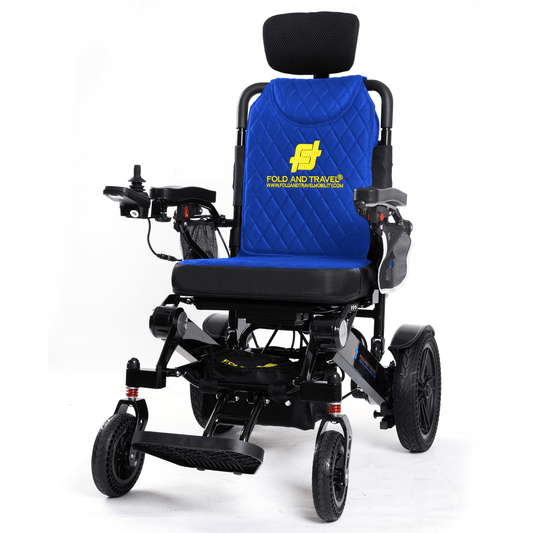 Fold and Travel Electric Wheelchair Fold And Travel Auto Recline Foldable Electric Wheelchair for Adults and Seniors Power Wheelchair (Black Frame, Blue Seat)