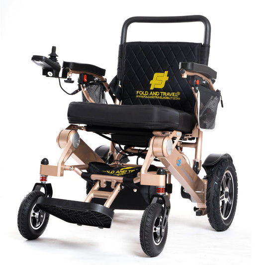 Fold and Travel Electric Wheelchair Gold Frame, Black Seat Premium Lightweight Folding Electric Wheelchair Fold And Travel Powered Mobility Scooter Automated Wheel Chair For Adults and Seniors