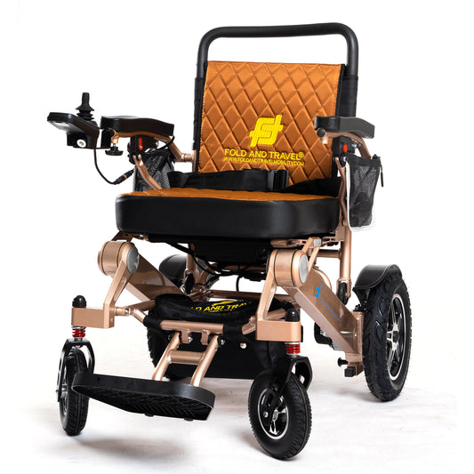 Fold and Travel Electric Wheelchair Gold Frame, Brown Seat Premium Lightweight Folding Electric Wheelchair Fold And Travel Powered Mobility Scooter Automated Wheel Chair For Adults and Seniors
