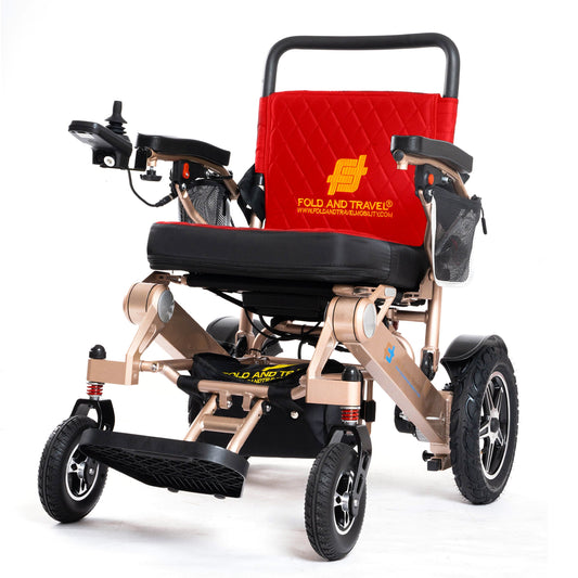 Fold and Travel Electric Wheelchair Gold Frame, Red Seat Premium Lightweight Folding Electric Wheelchair Fold And Travel Powered Mobility Scooter Automated Wheel Chair For Adults and Seniors