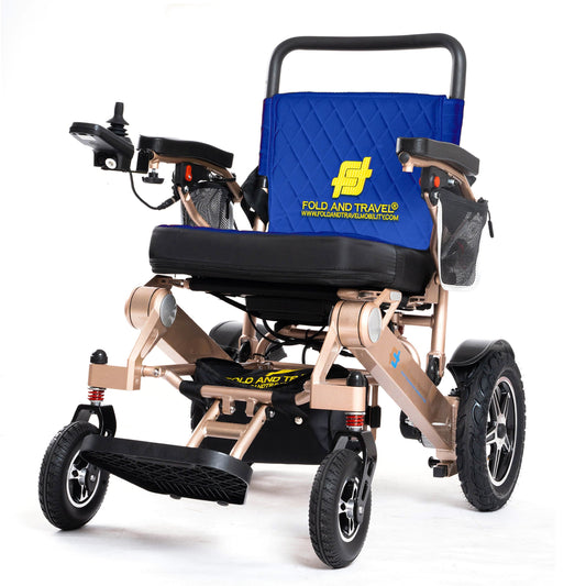 Fold and Travel Electric Wheelchair Gold Frame, Blue Seat Premium Lightweight Folding Electric Wheelchair Fold And Travel Powered Mobility Scooter Automated Wheel Chair For Adults and Seniors