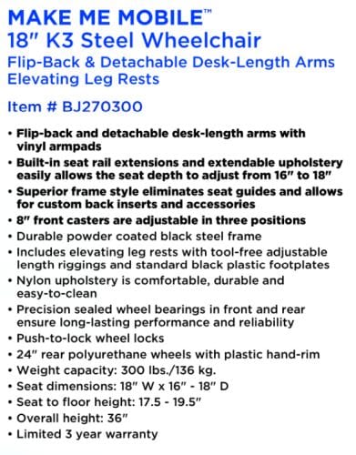 ROLL WITH ME 18" K3 Wheelchair DDA & Elevating Leg Rests