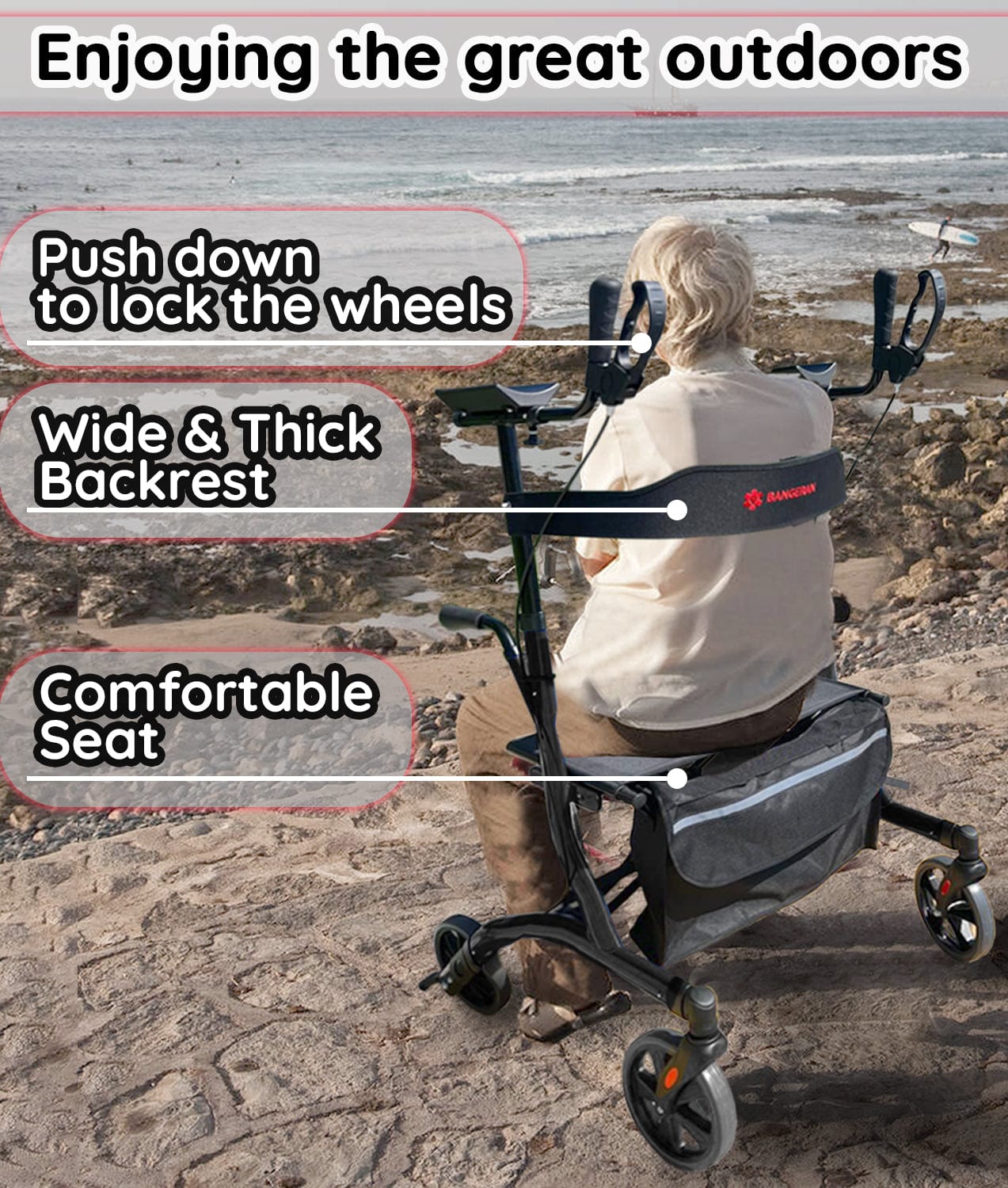Bangeran Rollators & Walkers BreezeStride Folding Upright Rollator Walker Durable Foldable Up Right Rolling Walker with Seat