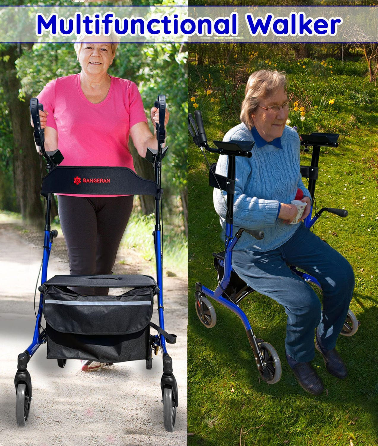Bangeran Rollators & Walkers BreezeStride Folding Upright Rollator Walker Durable Foldable Up Right Rolling Walker with Seat