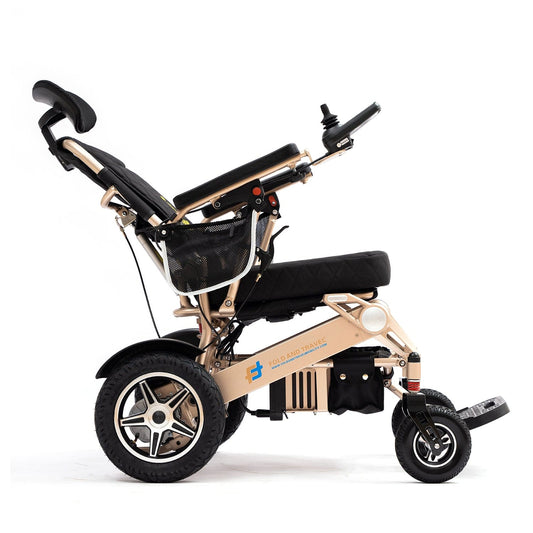 Fold and Travel Electric Wheelchair Fold And Travel Manual Recline Foldable Electric Wheelchair Travel Ready Portable Power Chair Travel Companion for Seniors and Adults ( Gold Frame)