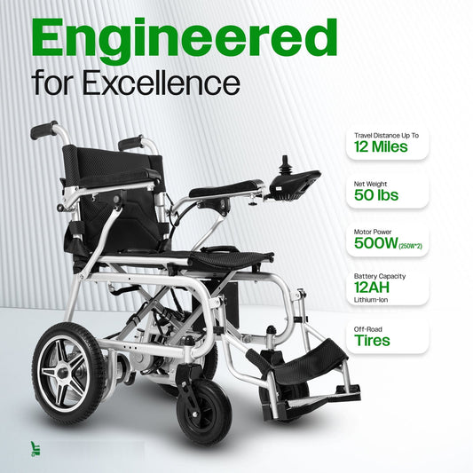Fold & Travel Mobility WHEELCHAIR ARTEMIS PRO (Black)-Lightweight Foldable Electric Wheelchair 500W-12 miles