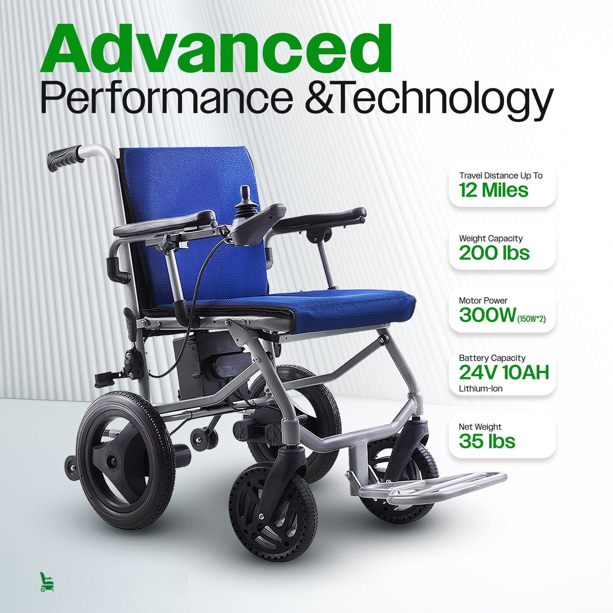 Fold & Travel Mobility WHEELCHAIR KANO (Blue) -Foldable Electric Wheelchair, Travel Size, User-Friendly