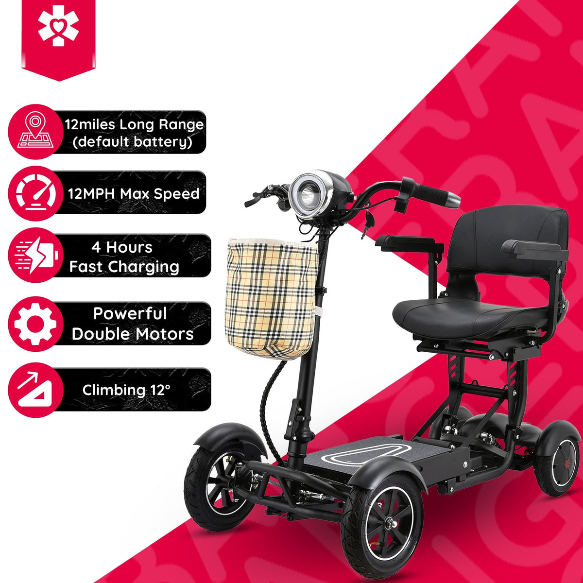 Fold & Travel Mobility Mobility Scooter 4 Wheel Collapsible Portable Electric Powered Wheelchair - Black color
