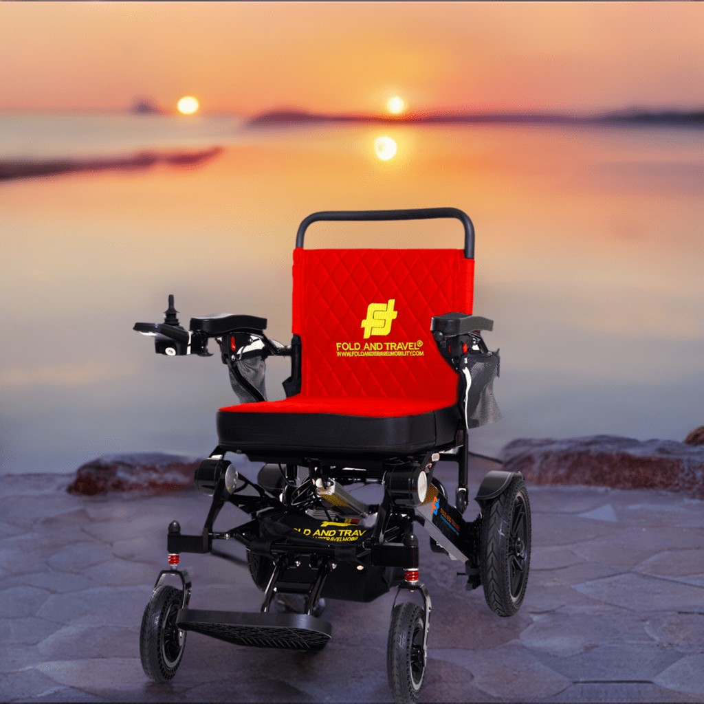 Fold and Travel Electric Wheelchair Black Frame, Red Seat Premium Auto Folding Electric Wheelchair Fold And Travel Mobility Scooter Wheel Chair Powered Automated For Adults and Seniors