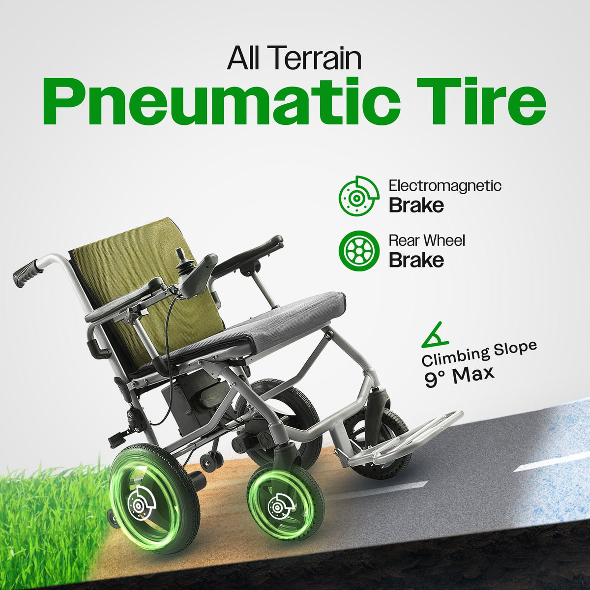 Fold & Travel Mobility WHEELCHAIR KANO (Green) -Foldable Electric Wheelchair, Travel Size, User-Friendly