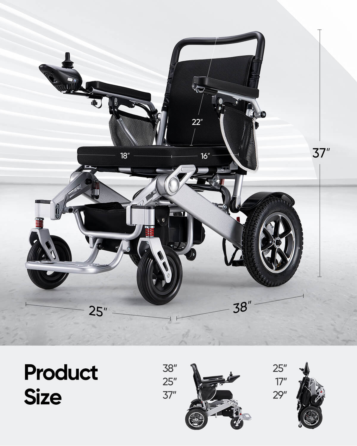 Fold and Travel Electric Wheelchair Electric Wheelchair Silver, Black Seat Premium Lightweight