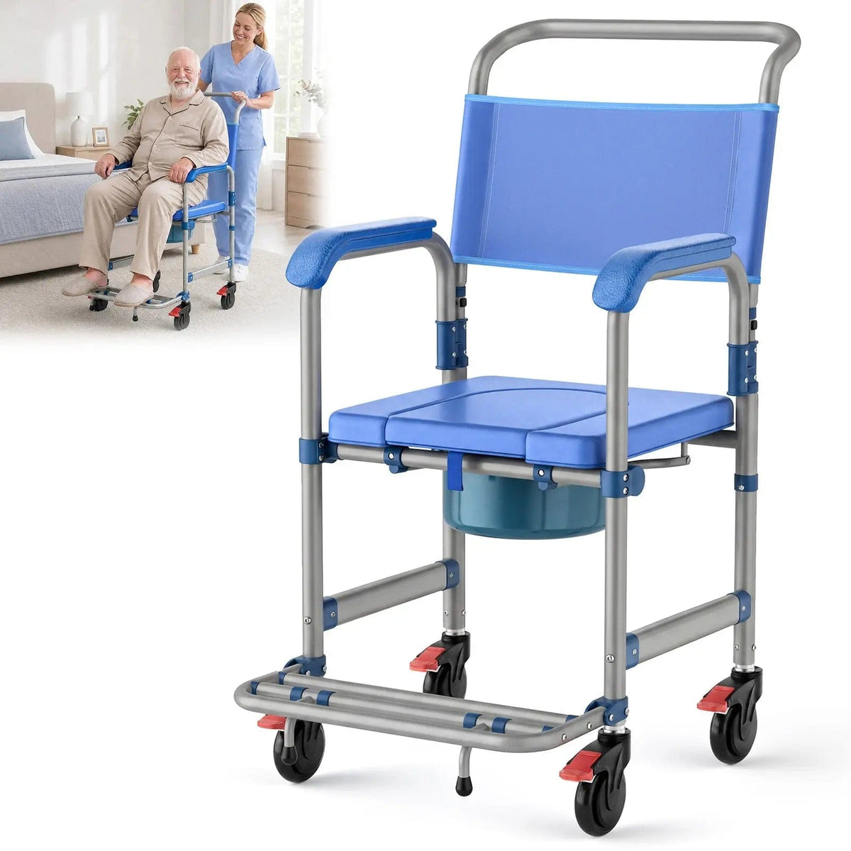 Fold & Travel Mobility accessibility equipment 4-in-1 Shower Commode Wheelchair – Safe Toilet, Shower & Transfer Chair for Seniors and Caregivers