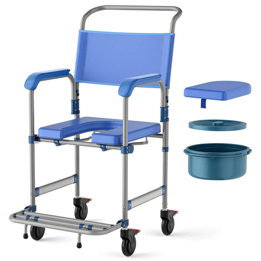 Fold & Travel Mobility accessibility equipment 4-in-1 Shower Commode Wheelchair – Safe Toilet, Shower & Transfer Chair for Seniors and Caregivers