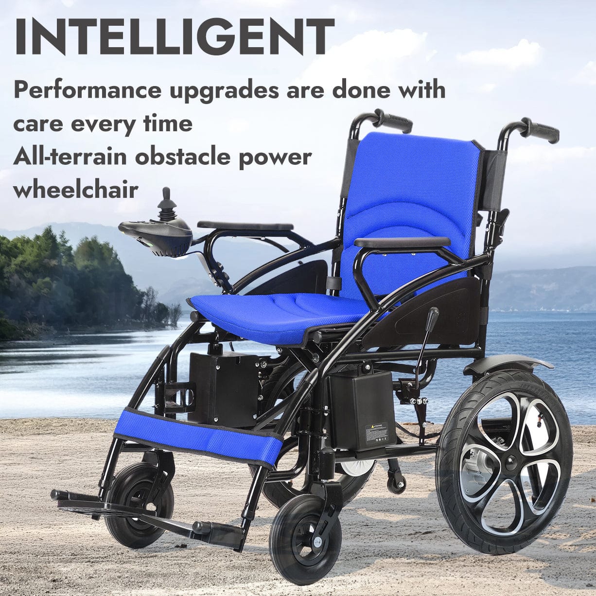 Fold and Travel Mobility & Accessibility Lightweight Foldable Electric Wheelchair with Lithium Battery Power Chair - Blue