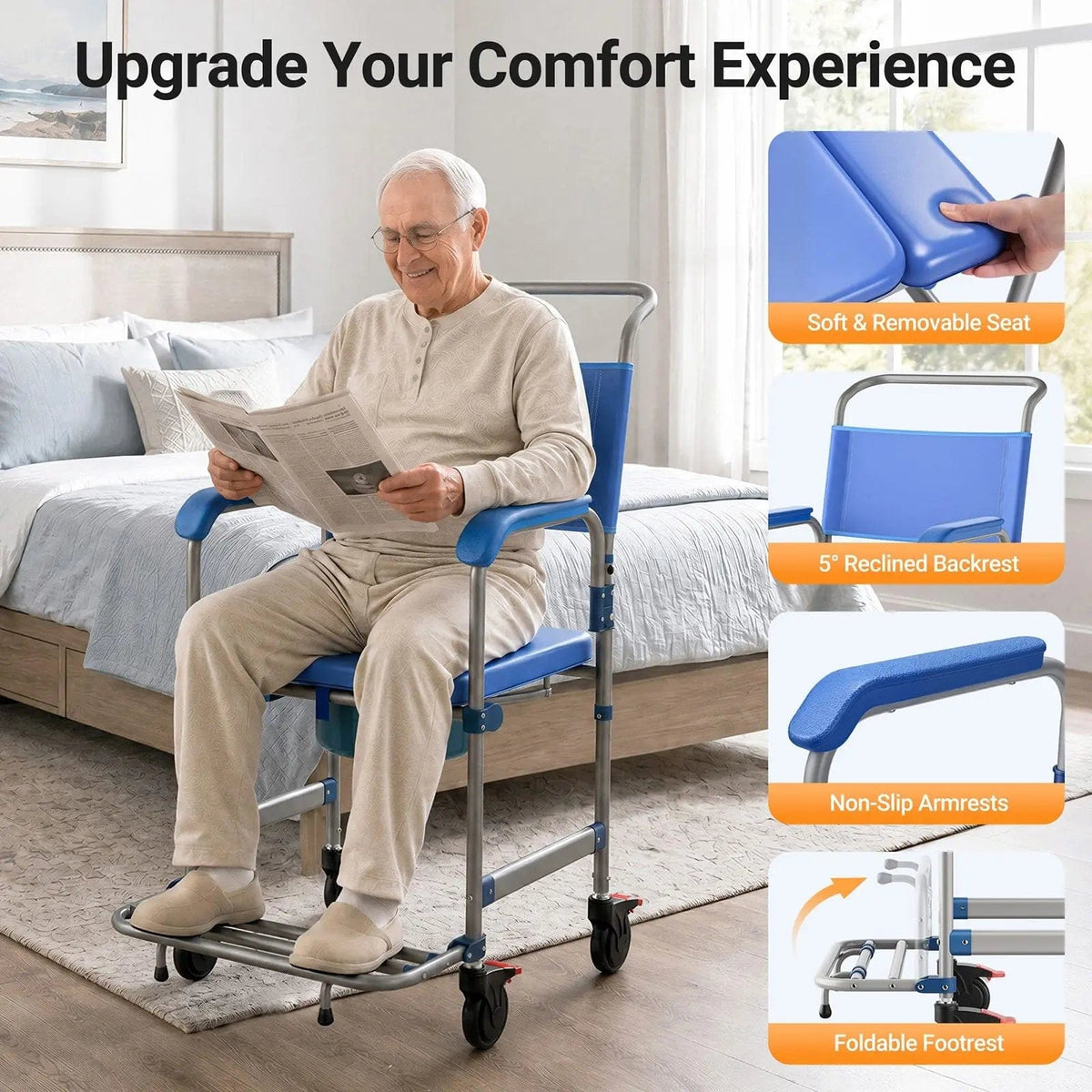 Fold & Travel Mobility accessibility equipment 4-in-1 Shower Commode Wheelchair – Safe Toilet, Shower & Transfer Chair for Seniors and Caregivers