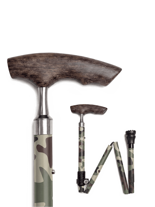Fold & Travel Mobility Camouflage Folding Cane – Lightweight Aluminum with Wooden Handle | – Model A3