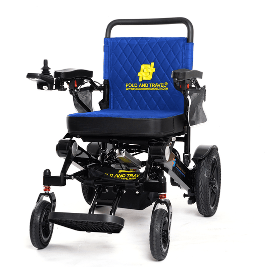 Fold and Travel Electric Wheelchair Black Frame, Blue Seat Premium Auto Folding Electric Wheelchair Fold And Travel Mobility Scooter Wheel Chair Powered Automated For Adults and Seniors