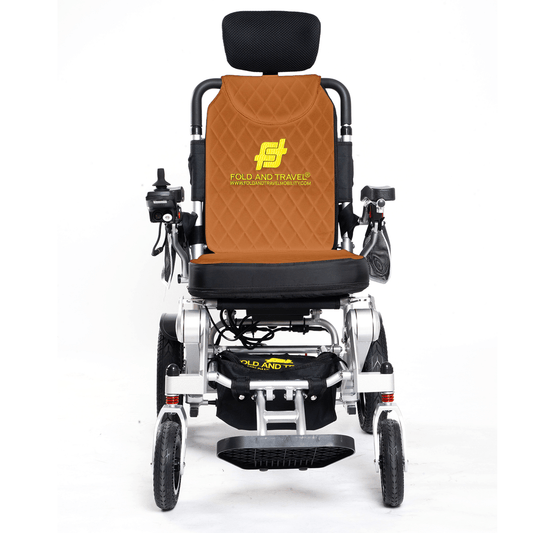 Fold and Travel Electric Wheelchair Fold And Travel Auto Recline Foldable Electric Wheelchair for Adults and Seniors Power Wheelchair (Silver Frame, Brown Seat)