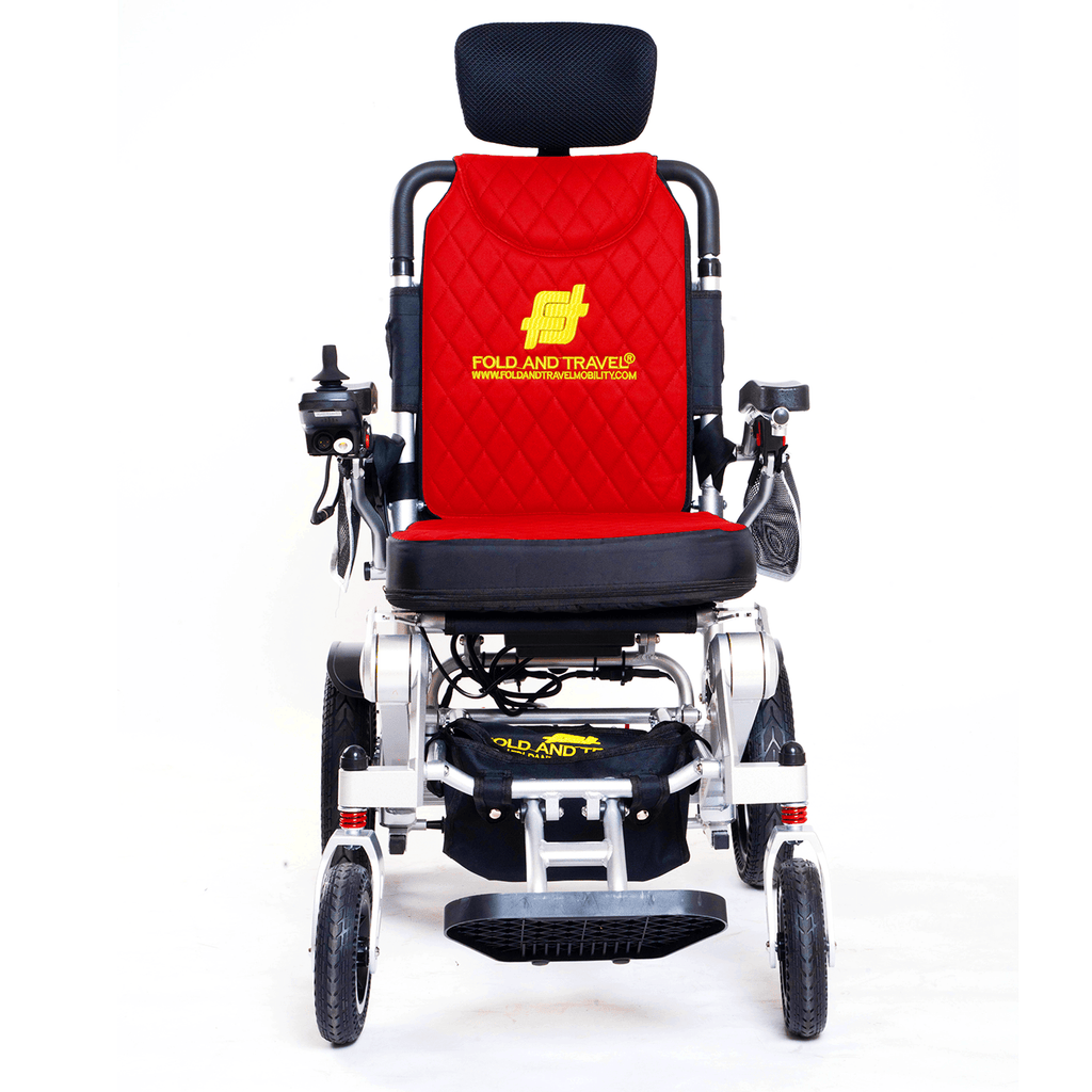 Fold And Travel Auto Recline Foldable Electric Wheelchair for Adults and Seniors Power Wheelchair (Silver Frame, Red Seat)
