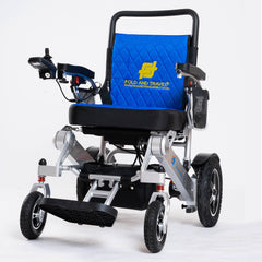 Silver Frame, Blue Seat Premium Lightweight Folding Electric Wheelchair Fold And Travel Powered Mobility Scooter Automated Wheel Chair For Adults and Seniors