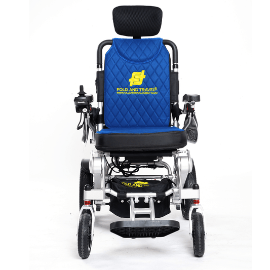 Fold and Travel Electric Wheelchair Blue Fold And Travel Auto Recline Lightweight Foldable Electric Power Portable Wheelchair - Silver Frame
