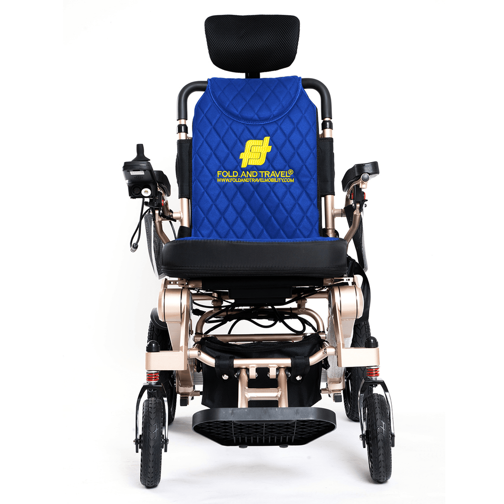 Fold And Travel Auto Recline Foldable Electric Wheelchair for Adults and Seniors Power Wheelchair (Gold Frame, Blue Seat)