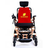 Fold And Travel Auto Recline Foldable Electric Wheelchair for Adults and Seniors Power Wheelchair (Gold Frame, Red Seat)