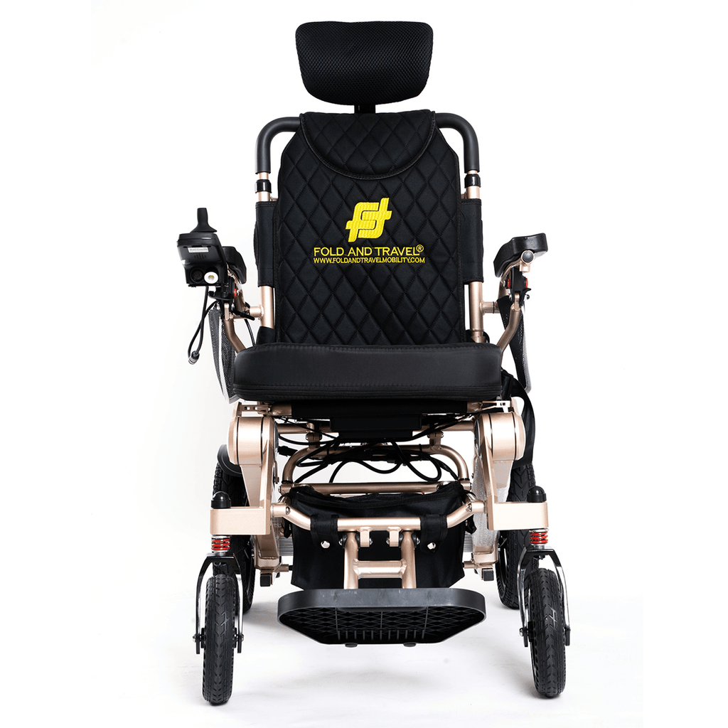 Fold And Travel Auto Recline Foldable Electric Wheelchair for Adults and Seniors Power Wheelchair (Gold Frame, Black Seat)