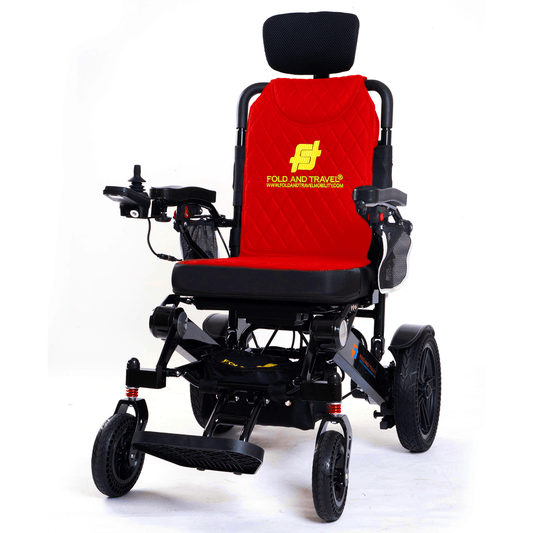 Fold and Travel Electric Wheelchair Red Fold And Travel Auto Recline Lightweight Foldable Electric Power Portable Wheelchair - Black Frame