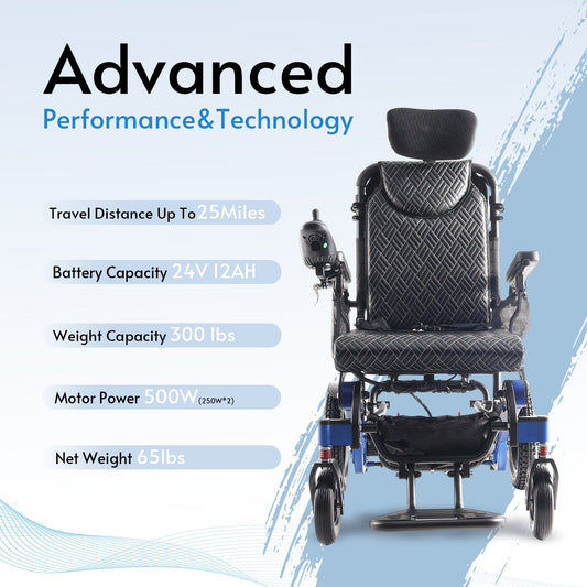 Fold & Travel Mobility WHEELCHAIR SHAWK (BLUE)-Reclining Folding Lightweight Electric Wheelchair 500W Motor,330 lbs-25 miles
