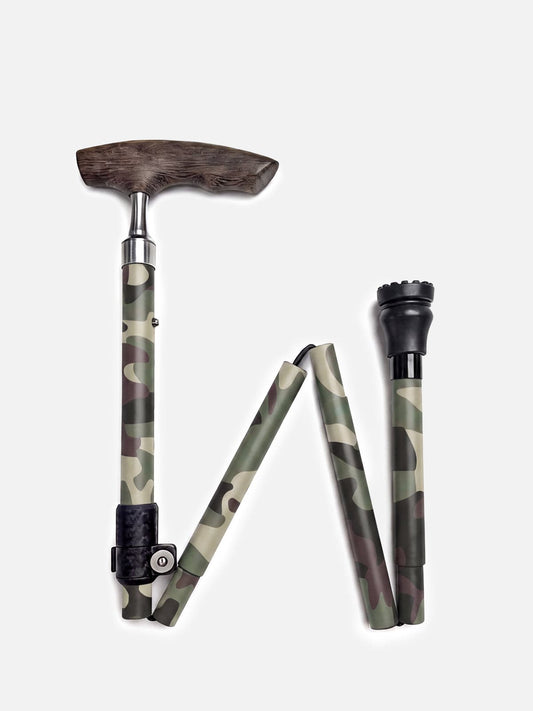 Fold & Travel Mobility Camouflage Folding Cane – Lightweight Aluminum with Wooden Handle | – Model A3