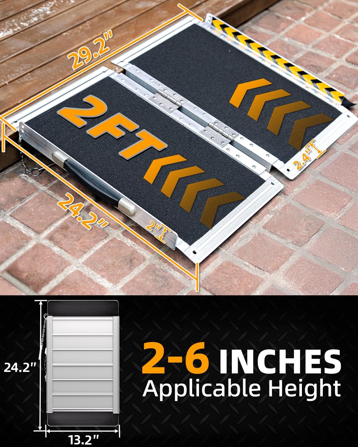Fold & Travel Mobility Spare Parts 2FT Portable Wheelchair Ramp, Non-Slip Aluminum Folding Handicap Ramps, Door Threshold Wheelchair Ramps for Home, Wheel Chair Ramp for Home Steps, Threshold Ramp for Car, Doorways, Curbs, Stairs
