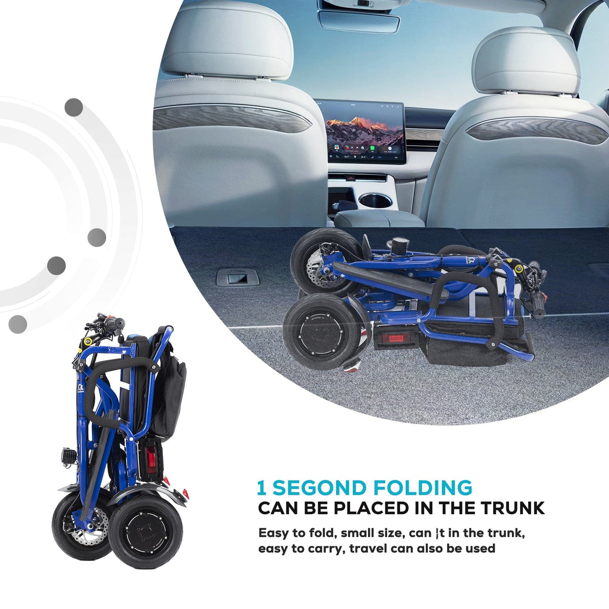 Fold & Travel Mobility WHEELCHAIR COUGAR (Blue) Folding Electric Mobility Scooter 3 Wheel Lightweight Portable Power Travel Scooters
