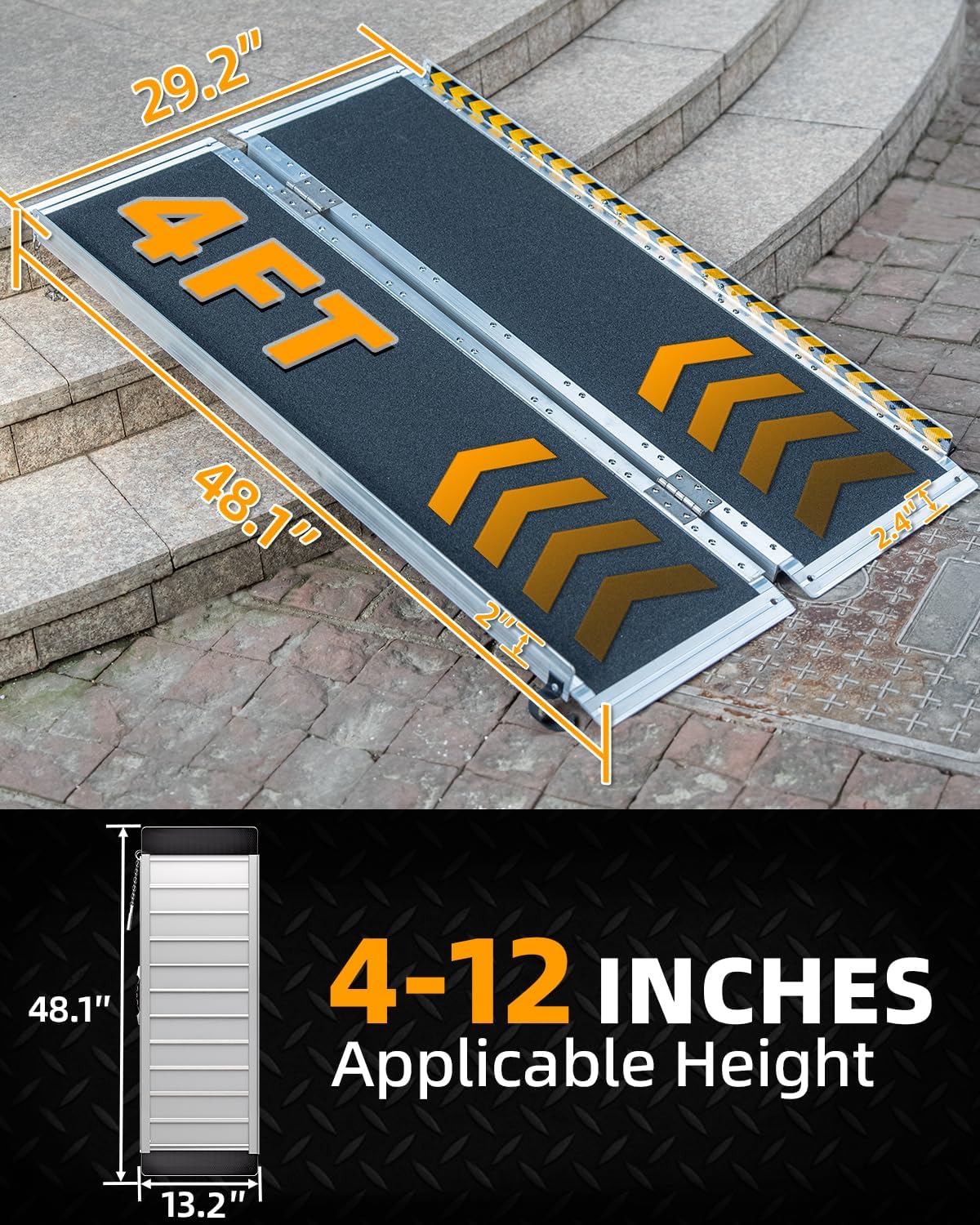 Fold & Travel Mobility Spare Parts 4FT Portable Wheelchair Ramp, Non-Slip Aluminum Folding Handicap Ramps, Door Threshold Wheelchair Ramps for Home, Wheel Chair Ramp for Home Steps, Threshold Ramp for Car, Doorways, Curbs, Stairs