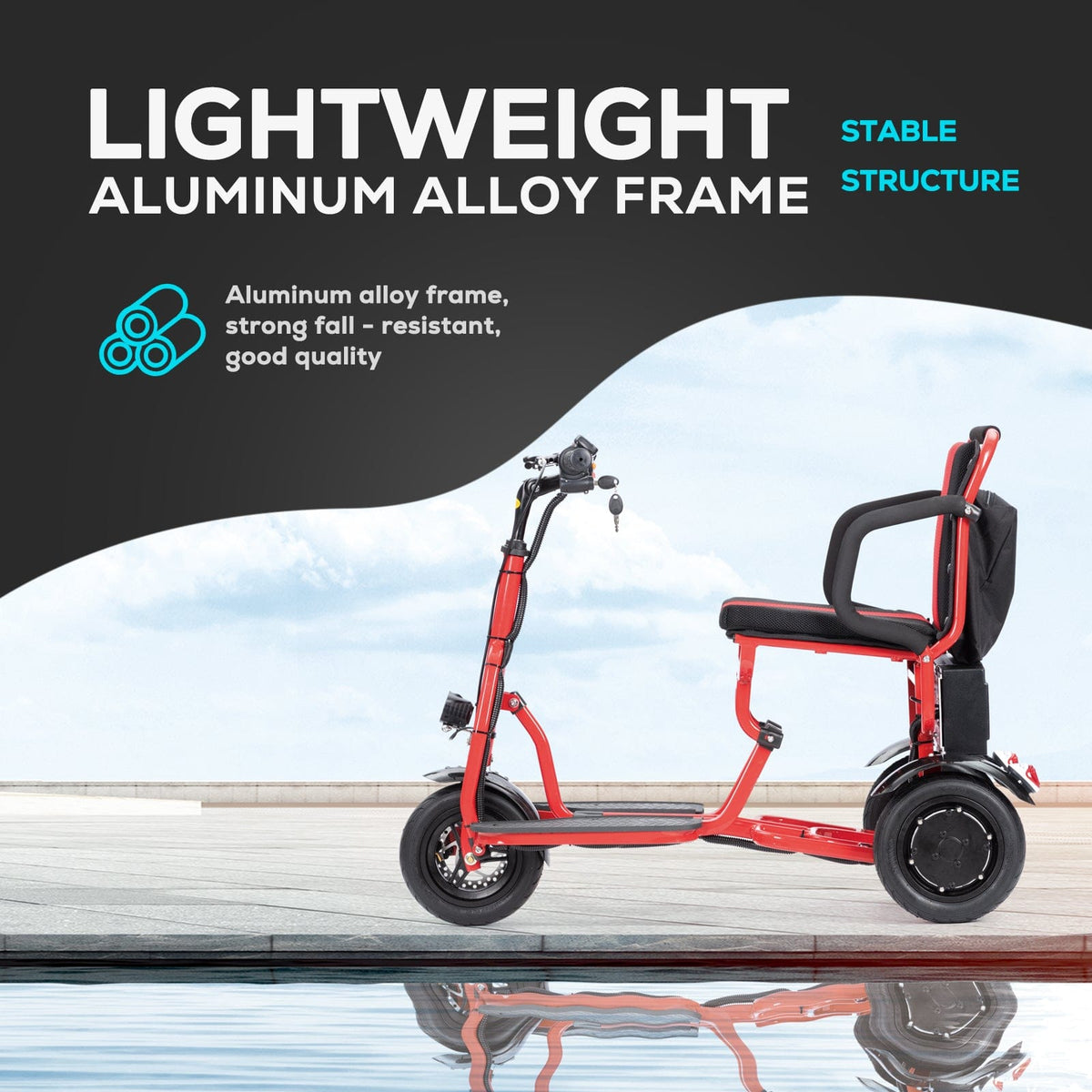 Fold & Travel Mobility WHEELCHAIR COUGAR (Red) Ultra Lightweight Folding Scooter For Adults 3 Wheeler - Portable
