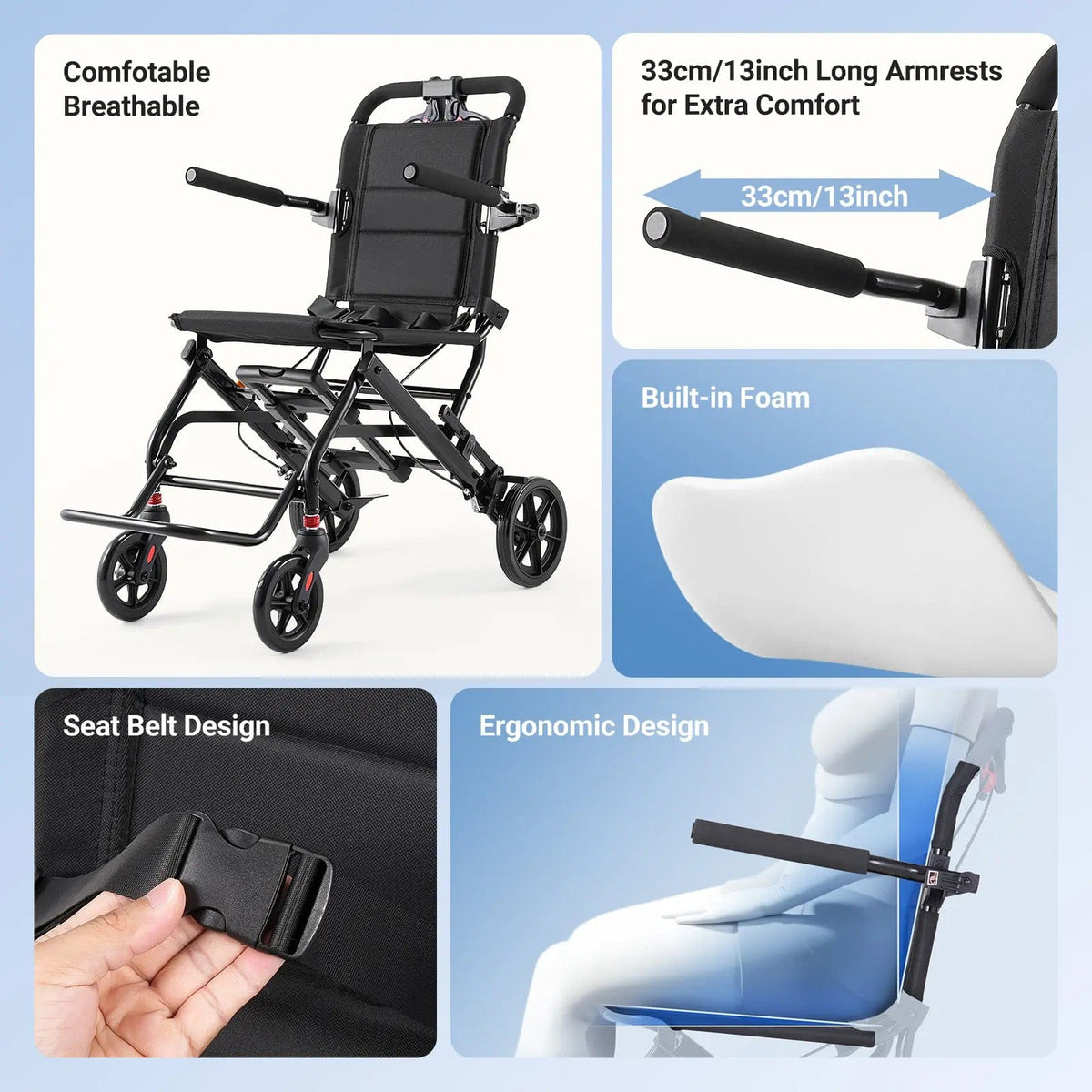 Fold & Travel Mobility accessibility equipment Ultra Lightweight Transport Wheelchair for Adults with Telescopic Handle DH01413