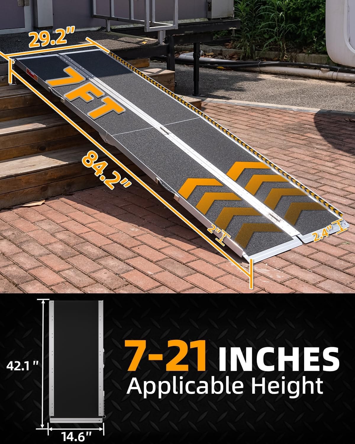 Fold & Travel Mobility Spare Parts 7FT Portable Wheelchair Ramp, Non-Slip Aluminum Folding Handicap Ramps, Door Threshold Wheelchair Ramps for Home, Wheel Chair Ramp for Home Steps, Threshold Ramp for Car, Doorways, Curbs, Stairs