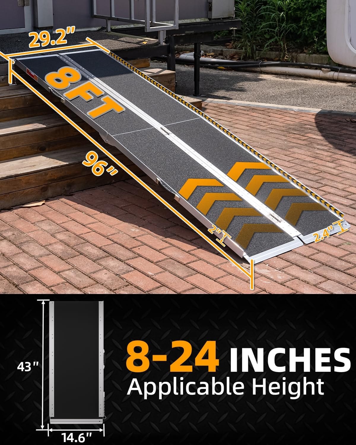 Fold & Travel Mobility Spare Parts 8FT Portable Wheelchair Ramp, Non-Slip Aluminum Folding Handicap Ramps, Door Threshold Wheelchair Ramps for Home, Wheel Chair Ramp for Home Steps, Threshold Ramp for Car, Doorways, Curbs, Stairs