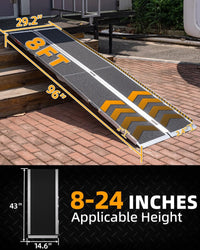 Fold & Travel Mobility Spare Parts 8FT Portable Wheelchair Ramp, Non-Slip Aluminum Folding Handicap Ramps, Door Threshold Wheelchair Ramps for Home, Wheel Chair Ramp for Home Steps, Threshold Ramp for Car, Doorways, Curbs, Stairs
